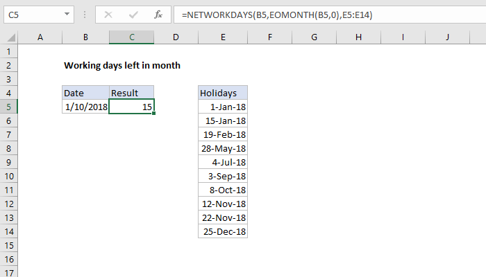 Excel Working days left in month