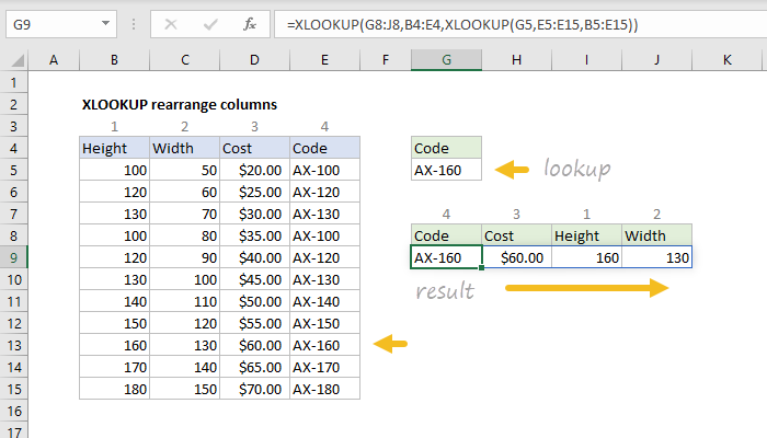 XLOOKUP rearrange columns