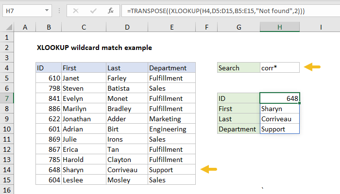 Excel XLOOKUP wildcard match example