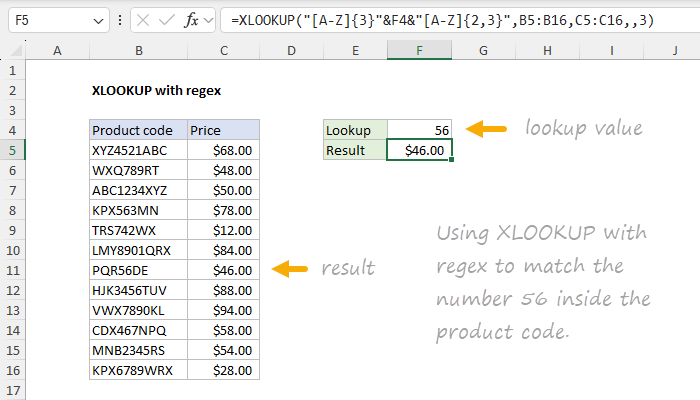 Excel XLOOKUP with regex match