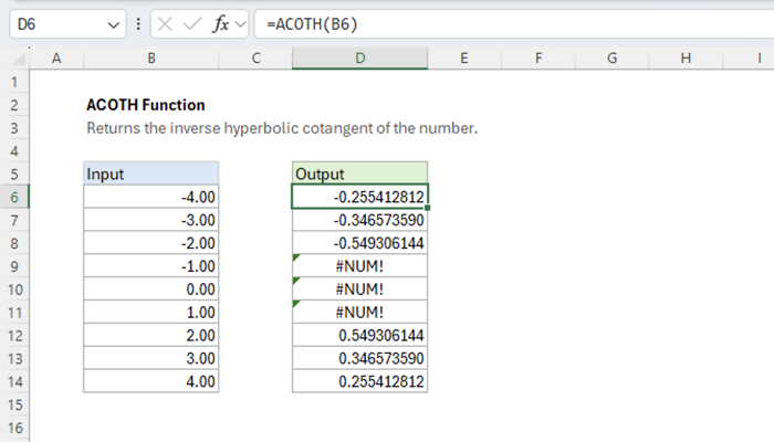 Excel ACOTH Function