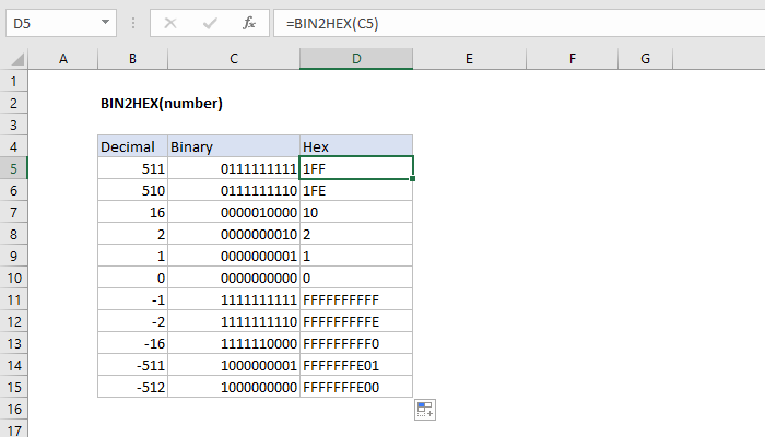 Excel BIN2HEX Function
