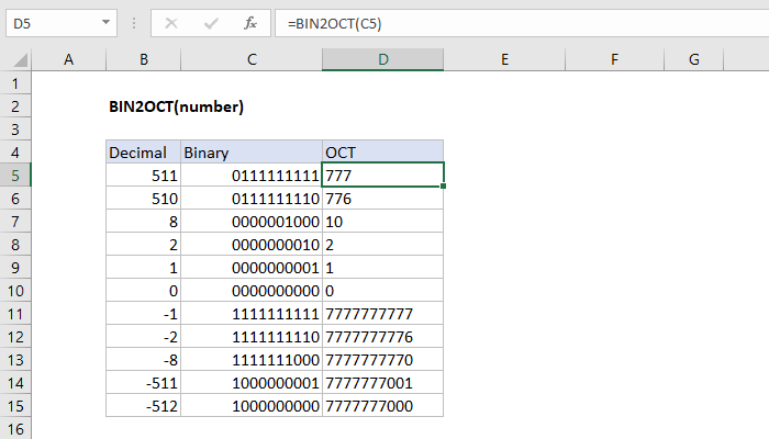 Excel BIN2OCT Function