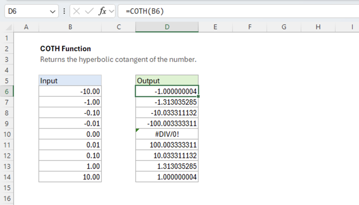 Excel COTH Function