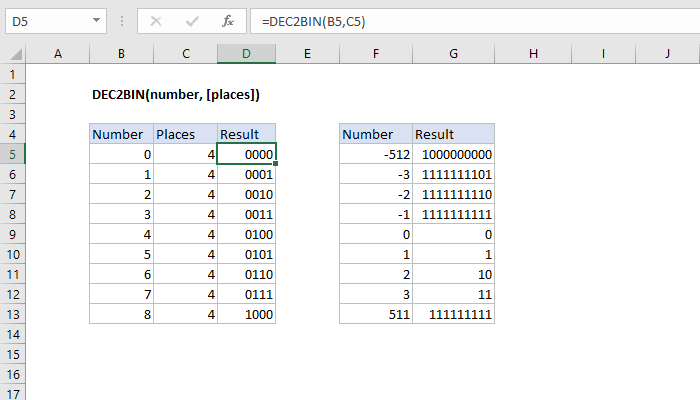 Excel DEC2BIN Function