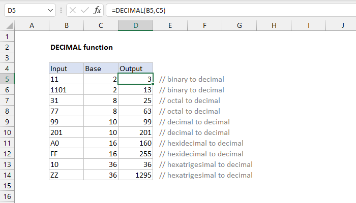 Excel DECIMAL Function