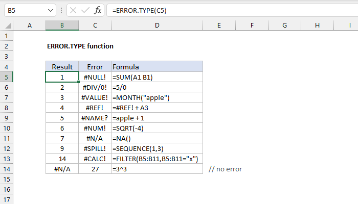 Excel ERROR.TYPE Function