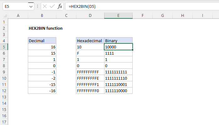 Excel HEX2BIN Function