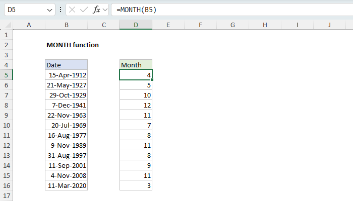 Excel MONTH Function