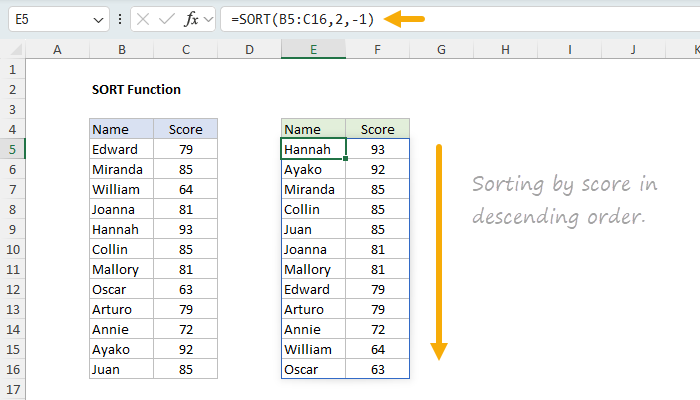 Excel SORT Function