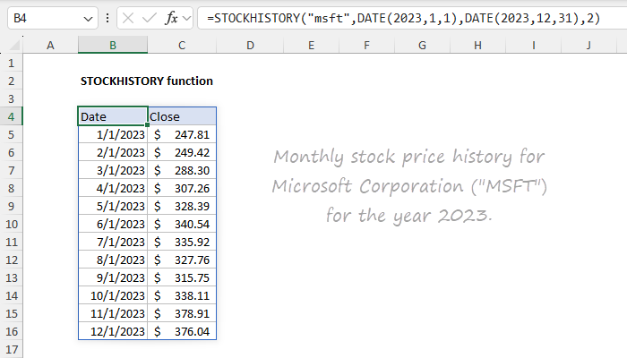 Excel STOCKHISTORY Function