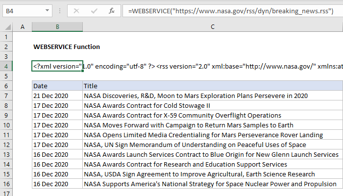 Excel WEBSERVICE Function