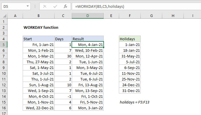 Excel WORKDAY Function