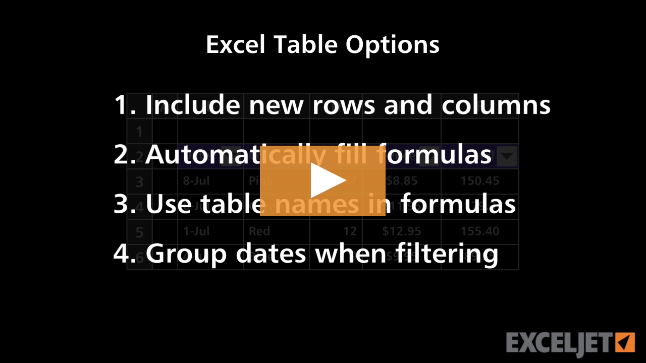 Excel Table Options