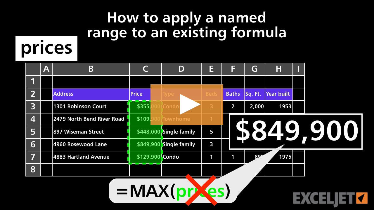 How to apply a named range to an existing formula