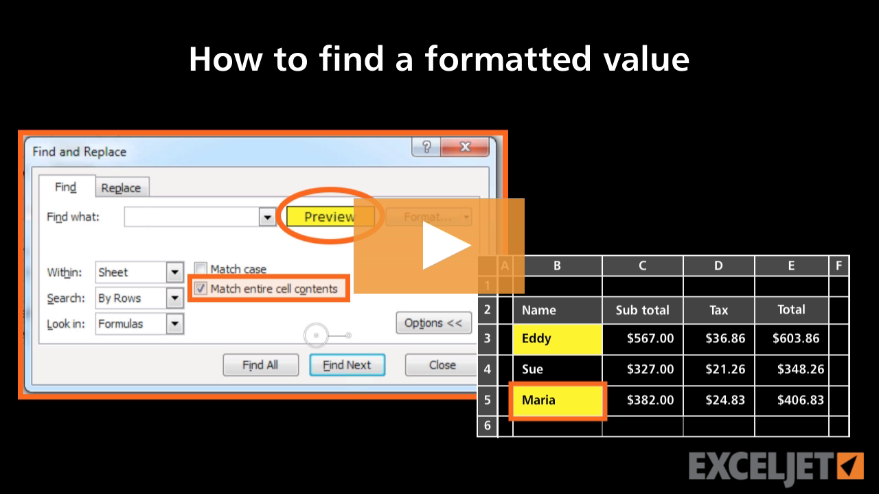 How to find a formatted value in Excel