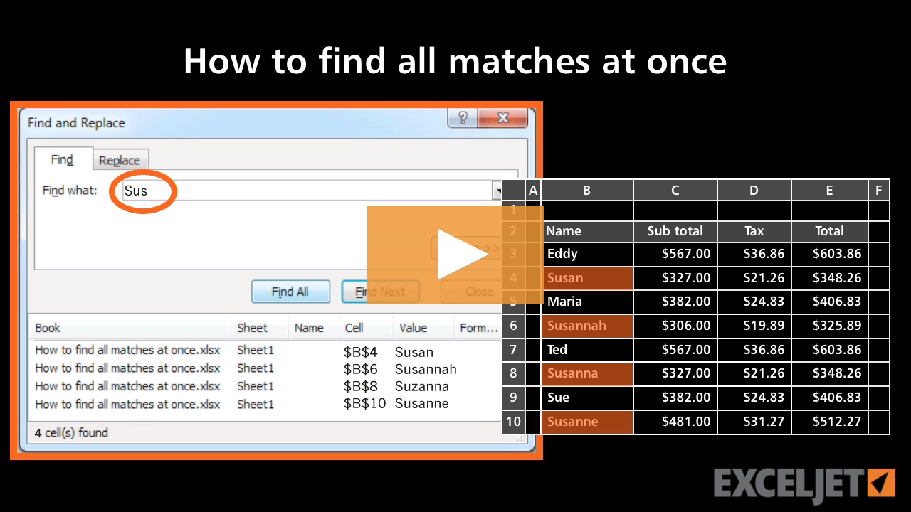 How to find all matches at once in Excel