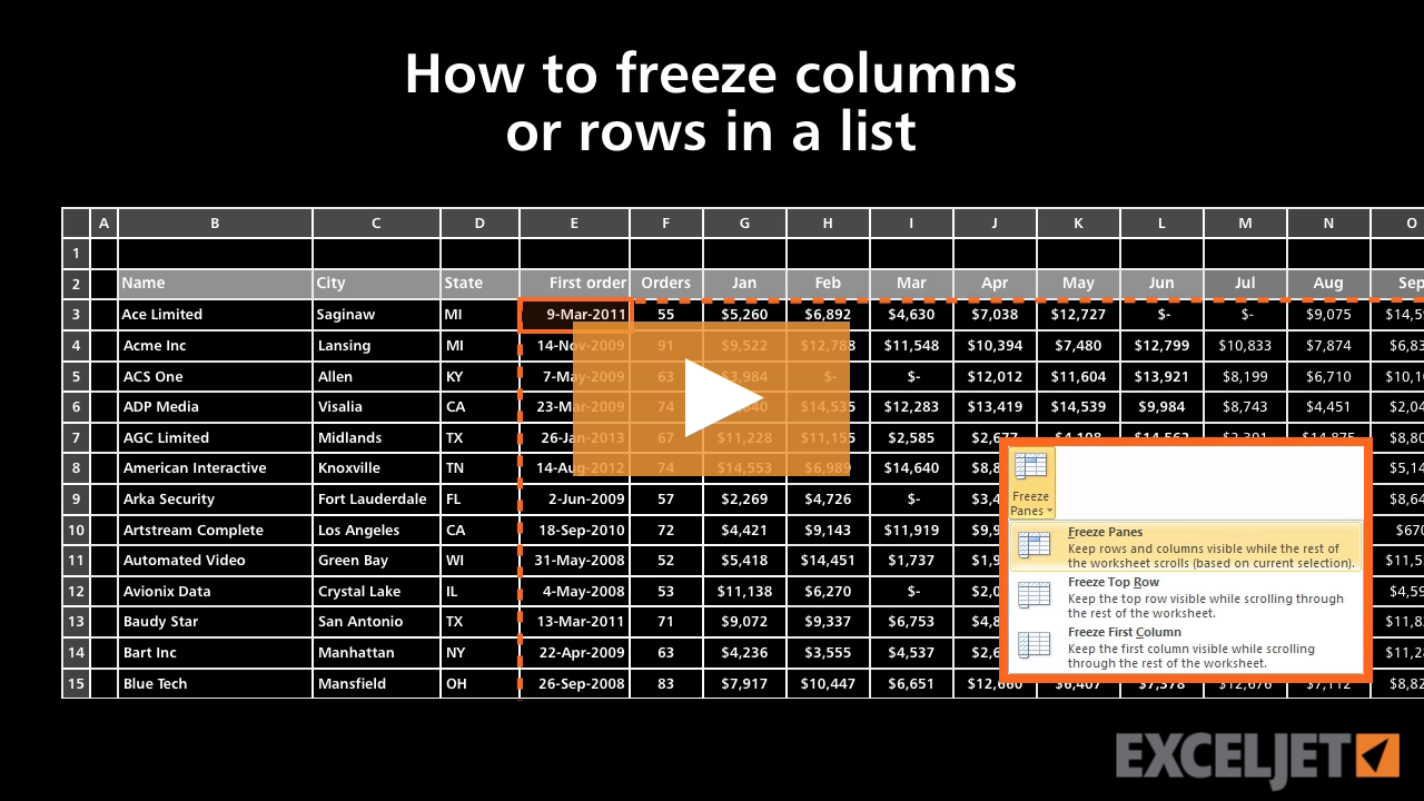 How to freeze columns or rows in a list