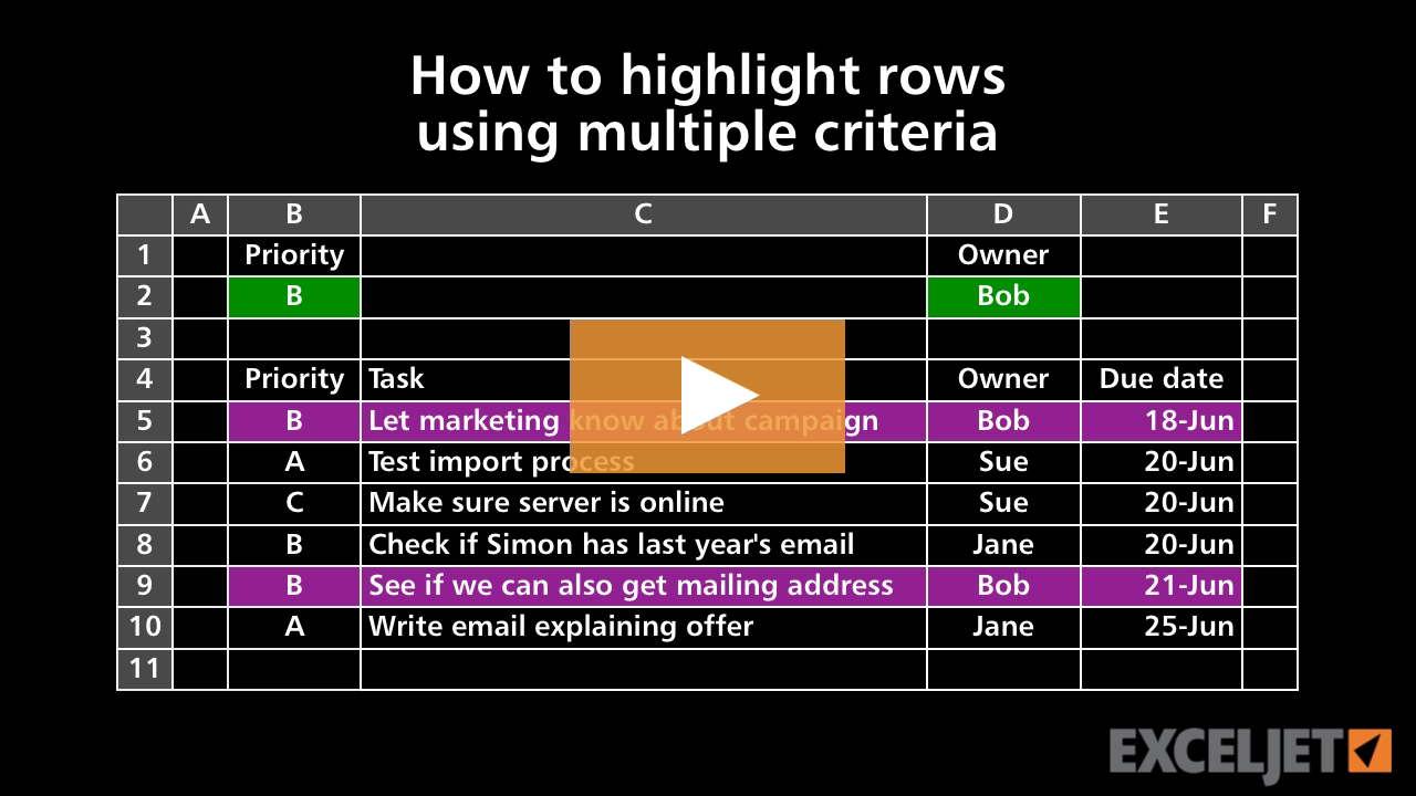 How to highlight rows using multiple criteria