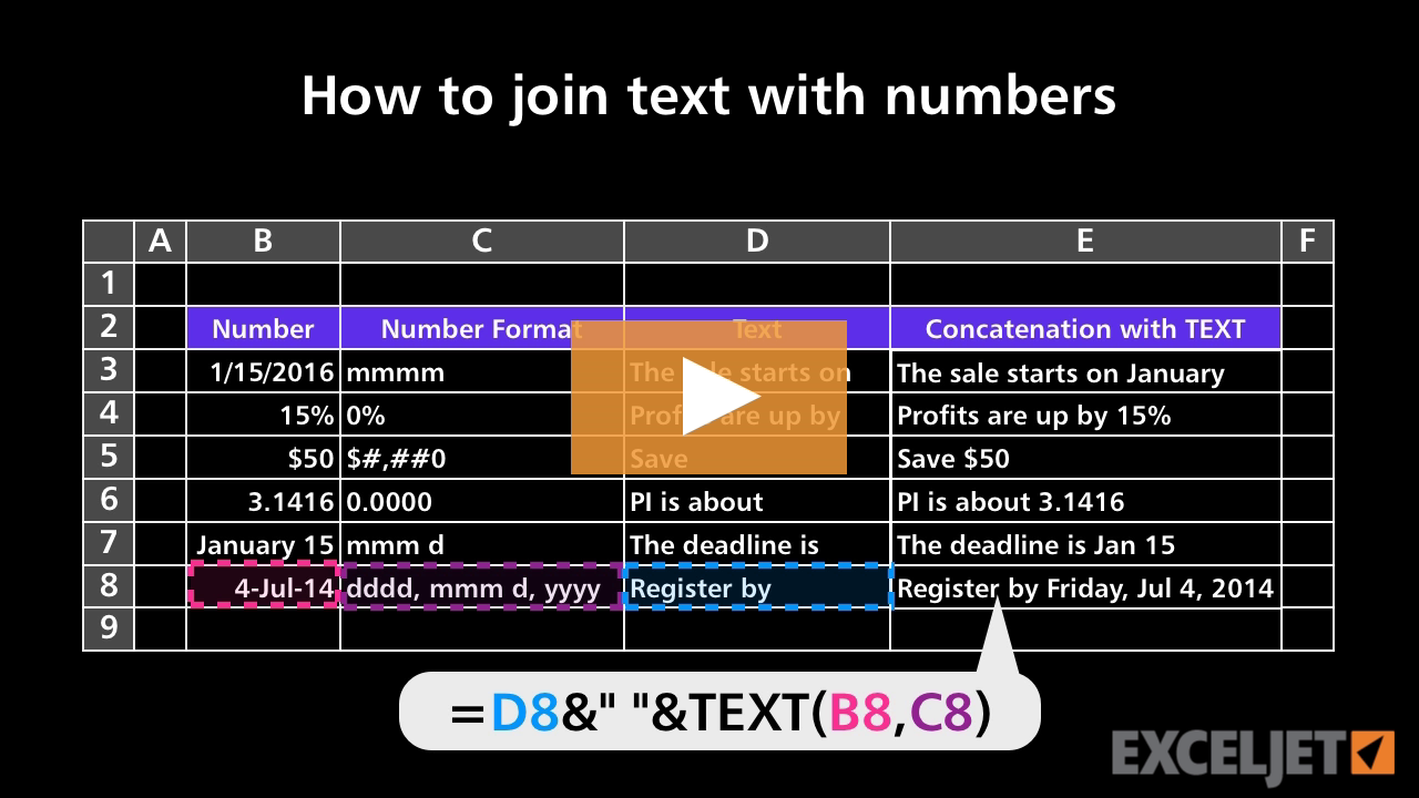 Excel How to join text with numbers