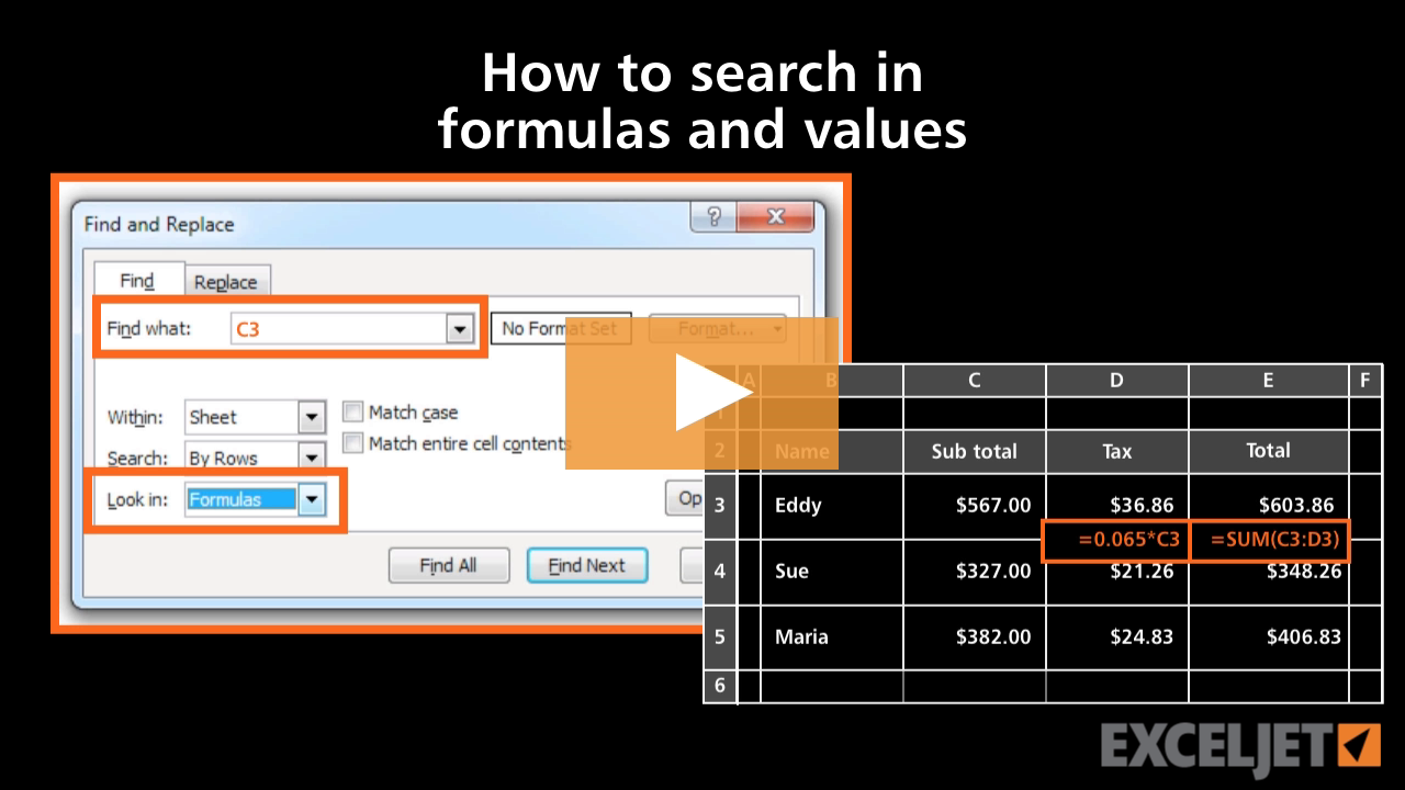 How to search in formulas and values in Excel