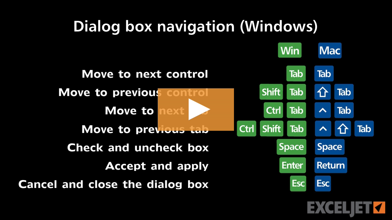 Shortcuts for Excel dialog boxes (Win)