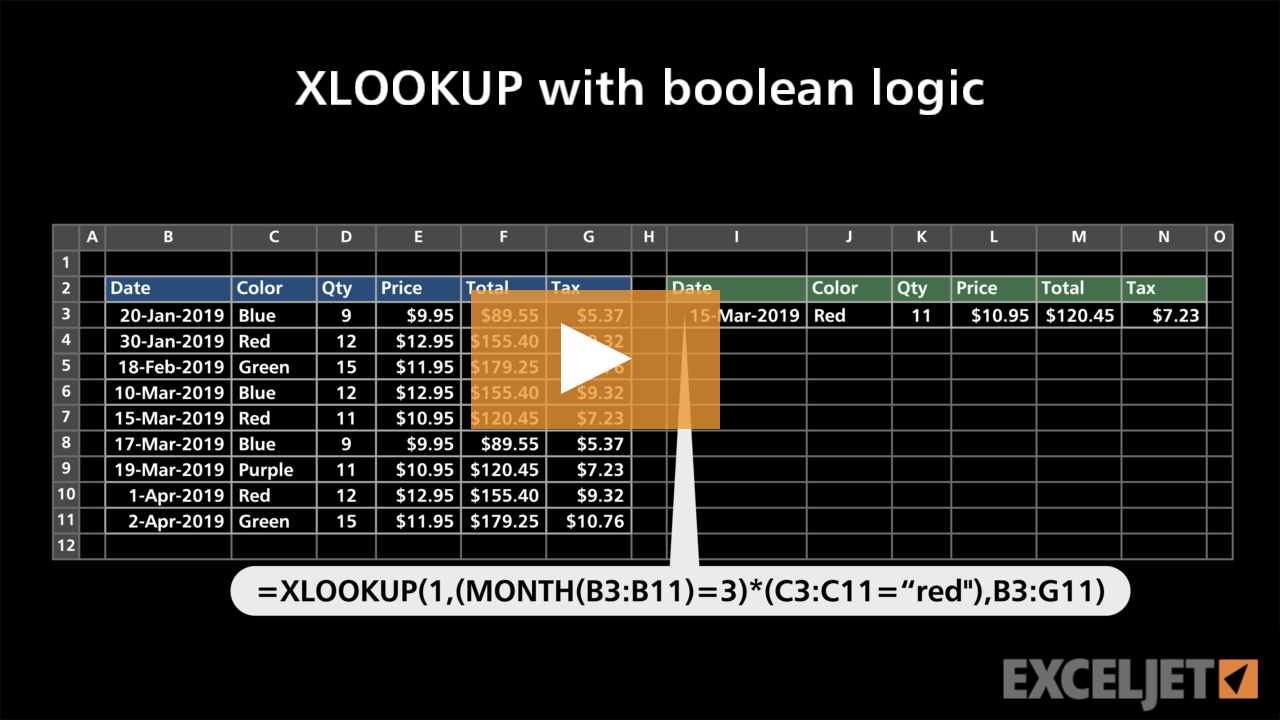 Video thumbnail for XLOOKUP with boolean logic